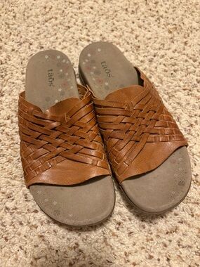 Taos Guru Woven Leather Slide Mules in Cognac